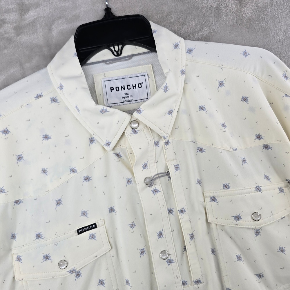 Poncho Western Shirt Mens 2XL Cream Blue Floral Pearl Snap Long Sleeve